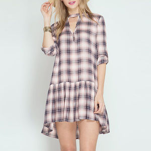 Pink Plaid Flannel Dropwaist Tunic Shift Dress